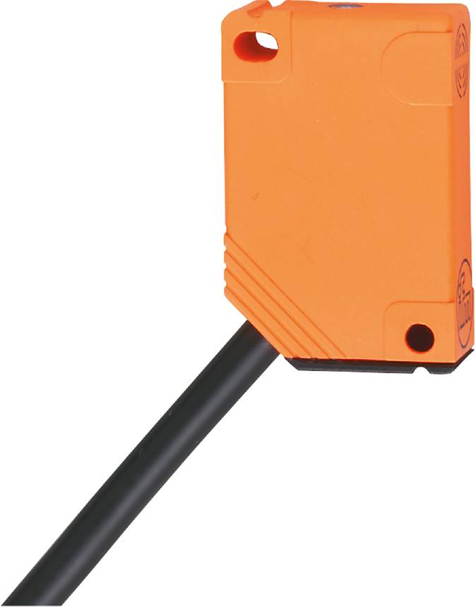 Ein orangefarbener rechteckiger Sensorsensor mit einem schwarzen Kabel, abgebildet auf einem weißen Hintergrund.