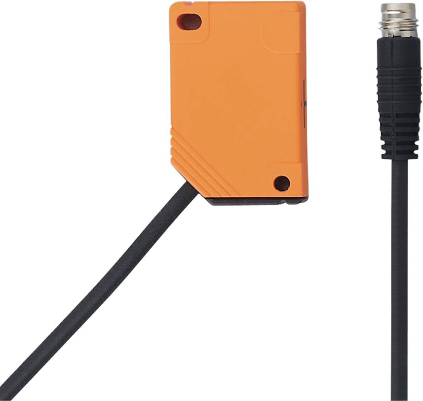 Ein rechteckiger, orangefarbener Sensor mit einem Anschlusskabel und einem Stecker auf der rechten Seite.