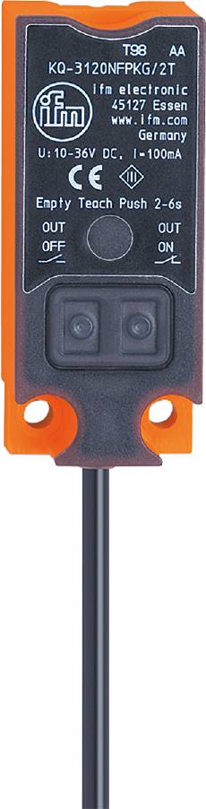 Nahaufnahme eines quadratischen, orangefarbenen Sensors oder Schalters mit zwei runden Tasten an der Vorderseite.