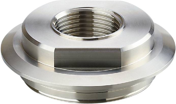 Eine große, silberne Schraubenmutter aus Metall, auf einer weißen Oberfläche liegend. Sie zeigt ein sechseckiges Design mit einem Gewinde innen.