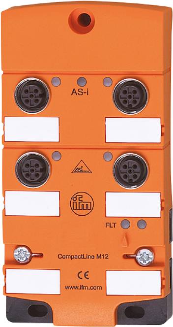 Orangefarbener elektronischer Bauteil mit zwei Reihen runder Steckanschlüsse und weißen Beschriftungsfeldern, markiert mit 'AS-i' und 'FLT'.