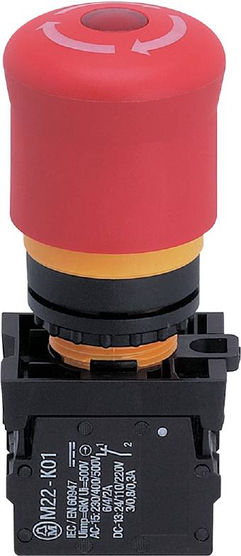 Roter Not-Aus-Schalter mit gelbem Ring, montiert auf einer schwarzen Basis. Geeignet zur Sicherheitsabschaltung von Maschinen.