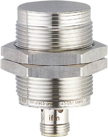 Ein zylindrischer Sensor aus Metall mit Gewinden und Beschriftung von 'ifm electronic'.