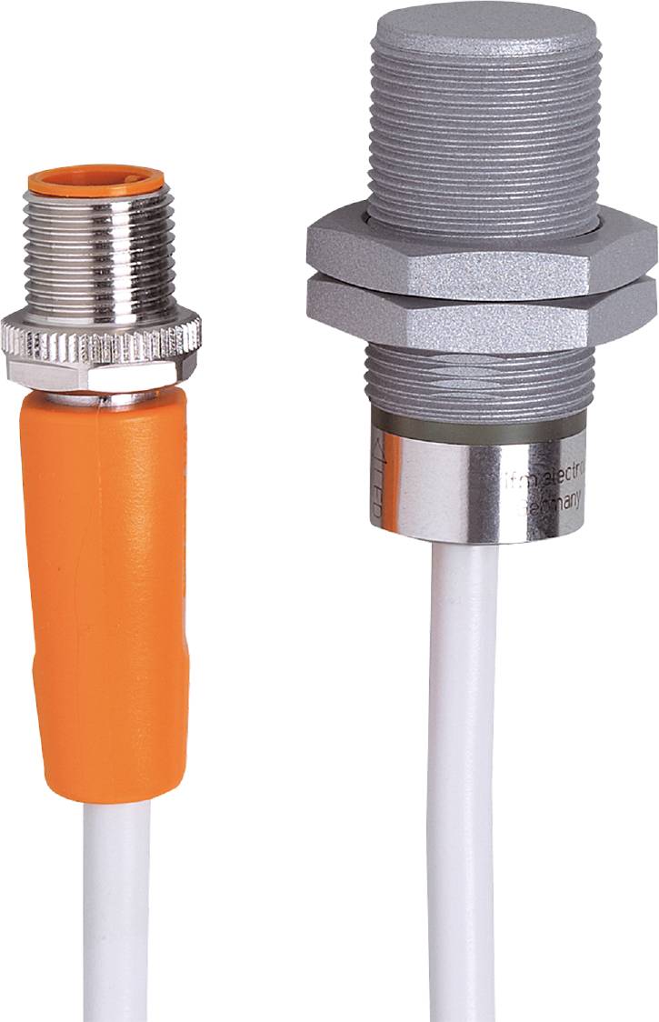 Zwei zylindrische Sensoren: links mit orangefarbenem Kabel, rechts ein größerer, metallischer Sensor mit grauem Gehäuse.