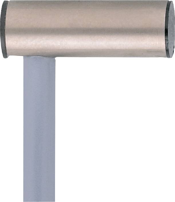 Nahaufnahme eines Hammers mit Metallkopf und grauem Griff, seitliche Ansicht.