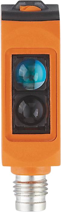 Ein orangefarbenes Objekt mit zwei runden, transparenten Elementen in dunkel und hell schimmernden Tönen.