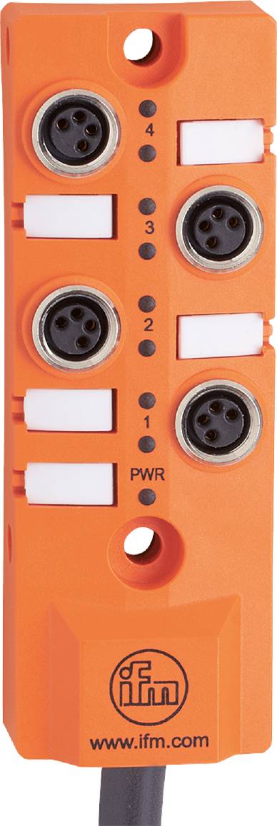 Ein orangefarbenes Gerät mit zwei runden Anschlüssen oben und unten, beschriftet mit '2', '1' und 'PWR' zwischen den Buchsen.