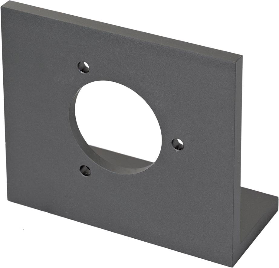 Graue Metallhalterung mit einem zentralen, runden Loch und vier kleineren Löchern zur Befestigung. Sie hat eine rechtwinklige Form.