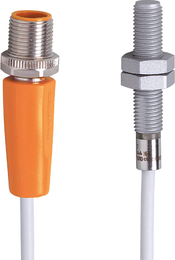 Zwei Sensoren nebeneinander: links ein Sensor mit orangefarbenem Gehäuse, rechts ein metallischer Sensor mit Schraubverbindung und Gewinde.