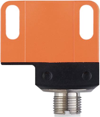 Ein rechteckiger, orangefarbener Sensorkopf mit schwarzen Elementen und einem metallischen Gewindefuß, möglicherweise für industrielle Anwendungen.