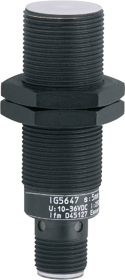 Ein schwarzer, runder Sensor mit Gewinde und zwei Sechskantmuttern, Beschriftung 'S: 5mm', vermutlich zur Abstandsmessung.