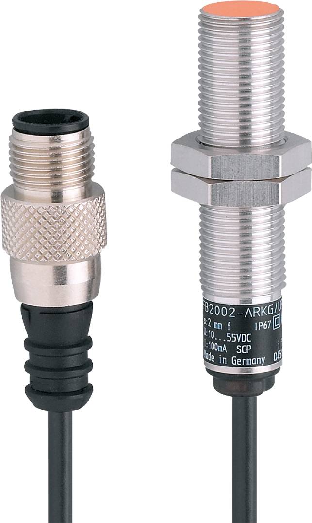 Zwei Sensoren nebeneinander, einer mit schwarzem Kabel, der andere mit Metallblitz. Beide sind zylindrisch mit Verbindern oben.