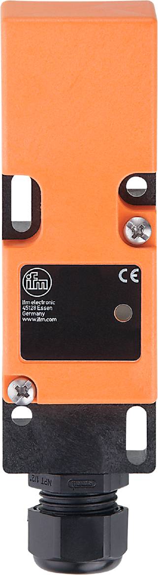 Ein orangefarbenes ifm electronic Gerät mit CE-Kennzeichnung, schwarzem Bereich und der Aufschrift 'ifm electronic 45128 Essen Germany'.