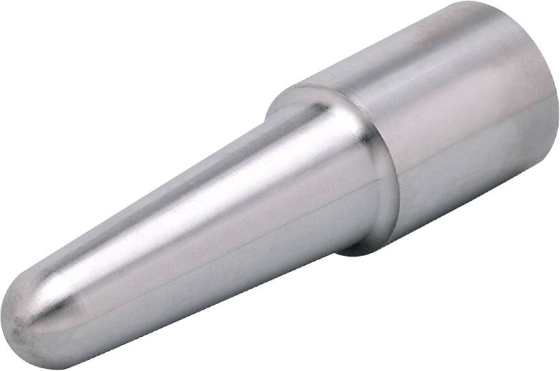 Ein metallischer Lötkolbenaufsatz, konisch geformt, markiert durch eine glänzende Silberoberfläche.