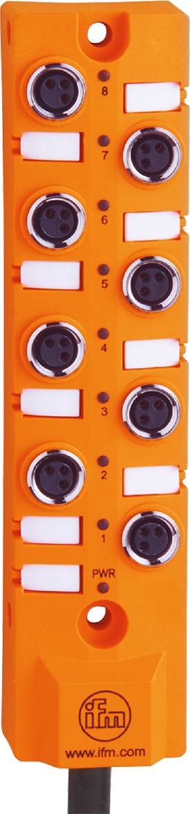 Orange Steckverbindungseinheit mit vier schwarzen runden Buchsen, nummeriert von 2 bis 4. Geeignet für industrielle Anwendungen.