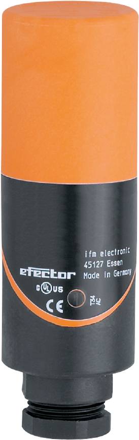 Ein zylindrisches Produkt mit der Aufschrift 'ifm electronic, 45127 Essen, Made in Germany'. Produktname 'efector' sichtbar.