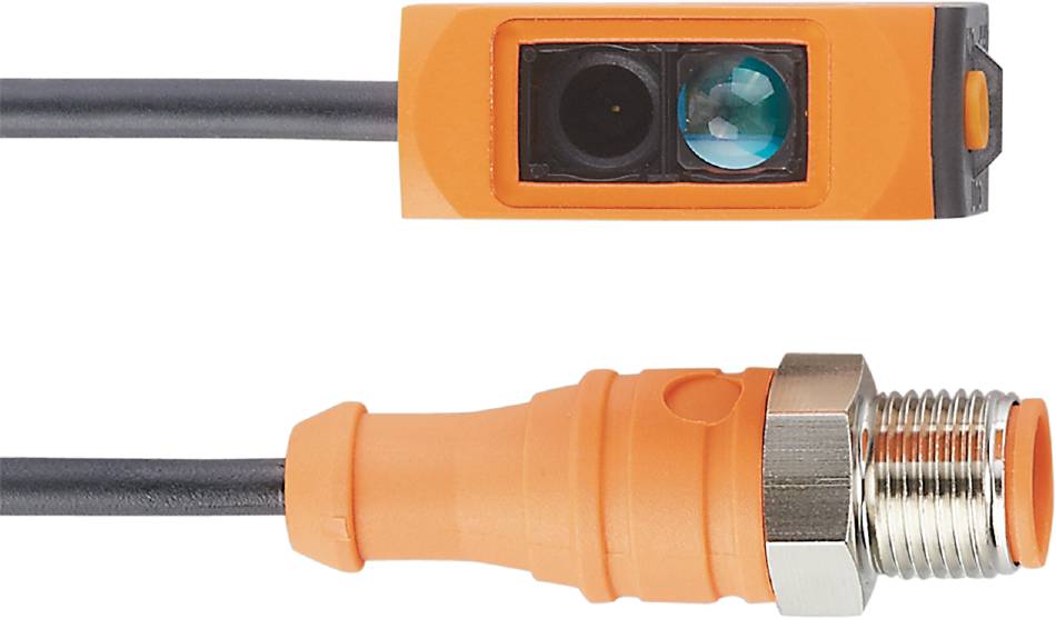 Nahaufnahme eines orangen elektrischen Steckverbinders mit zwei Kabeln. Der Steckverbinder zeigt einen quadratischen Anschluss mit einer Linse.