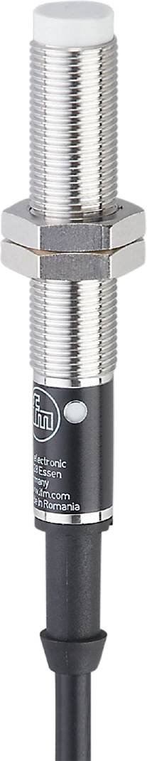 Zylindrischer Sensor mit Gewinde aus Metall, schwarzem unteren Teil und rundem Knopf. Hat das Logo einer unbekannten Marke.