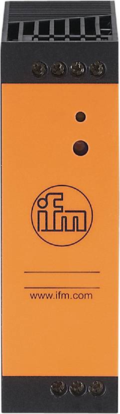 Ein orangenes Gerät mit einem schwarzen Punkt oben rechts. In der Mitte das Logo 'ifm' in einem Kreis.