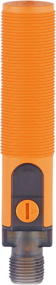 Ein orangefarbenes, geripptes Objekt mit einem schwarzen Knopf unten. Könnte ein technisches oder elektronisches Gerät sein.