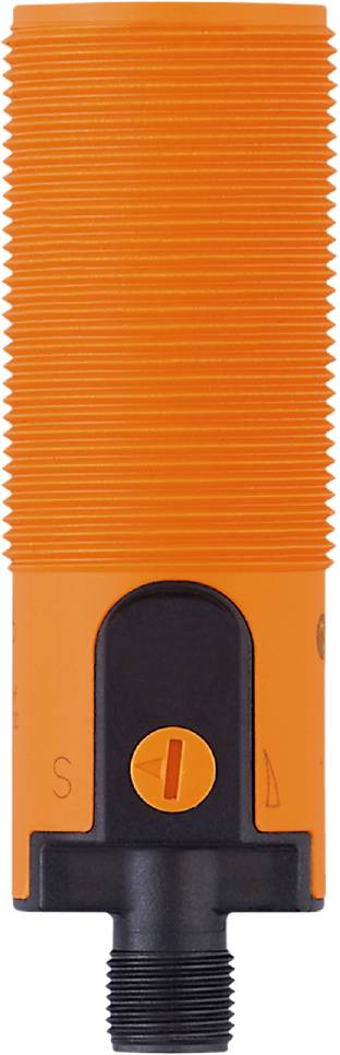 Eine Nahaufnahme eines orangefarbenen Objekts mit gerippter Oberfläche und einer schwarzen, rechteckigen Fläche unten.