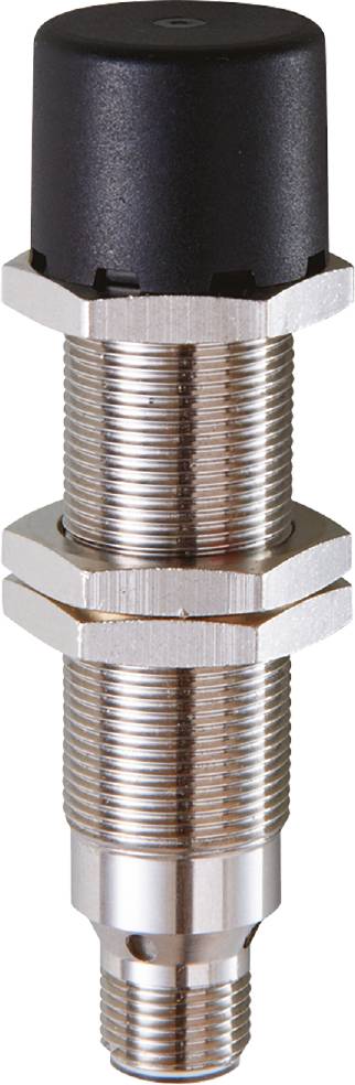 Nahaufnahme eines Metallsensors mit Gewinde und sechseckiger Mutter in silberner Farbe.