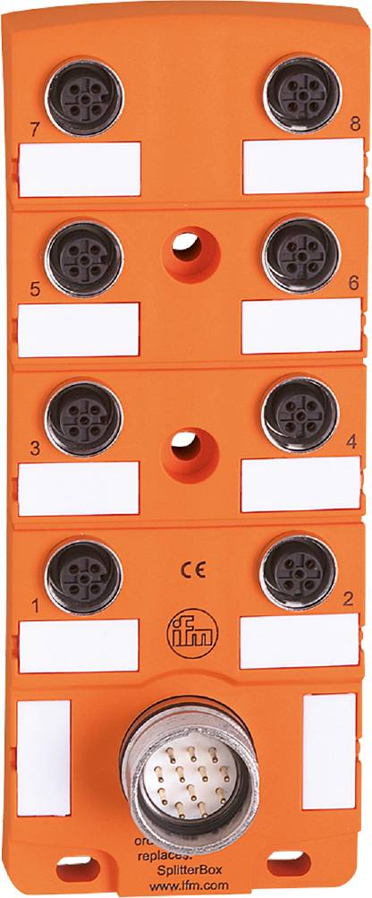 Orange Steckverbindungsvorrichtung mit sechs nummerierten runden Steckplätzen, darunter ein CE-Symbol.