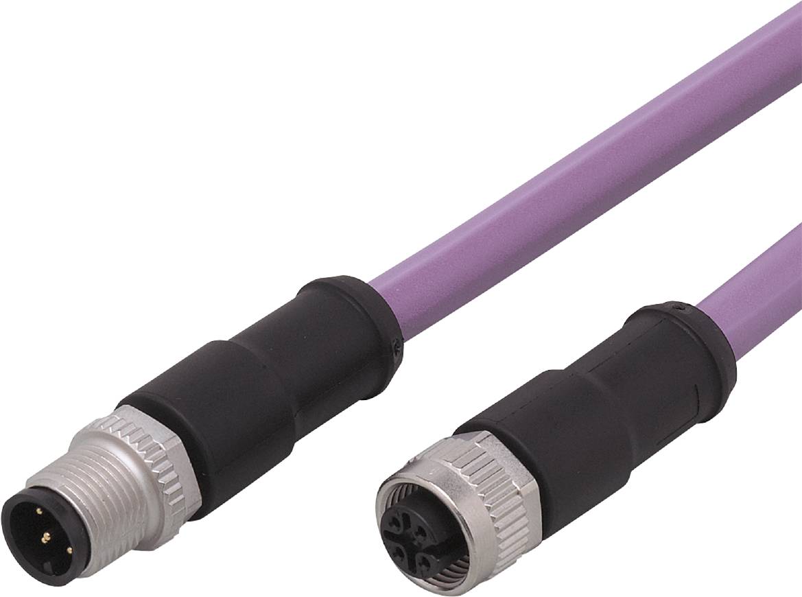 Zwei industrielle Stecker mit unterschiedlichen Anschlüssen, verbunden mit einem lilafarbenen Kabel, auf weißem Hintergrund.