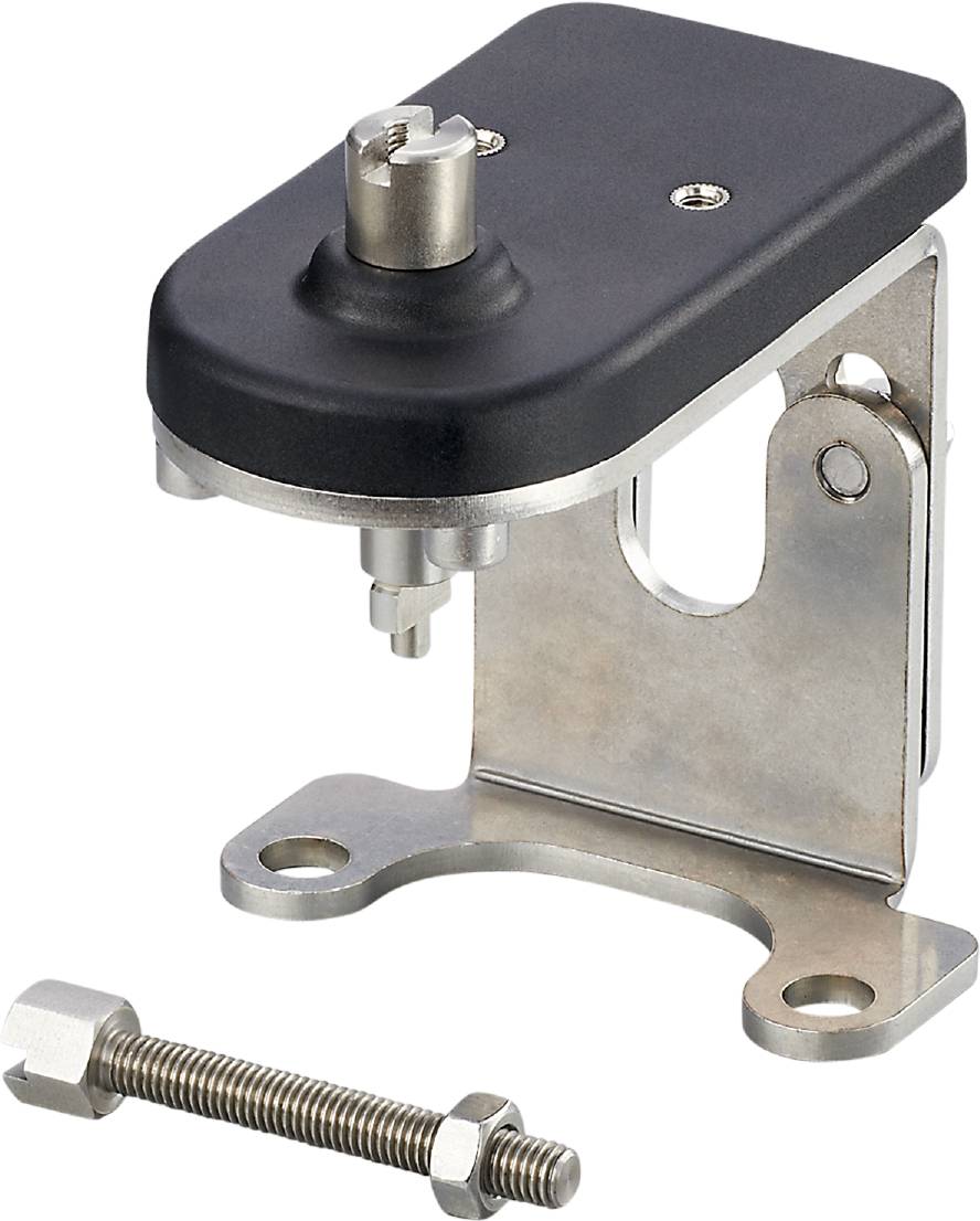 Metallische Halterung mit schwarzer Abdeckung, mit Schrauben befestigt. Dient zur Befestigung von elektrischen oder mechanischen Komponenten.