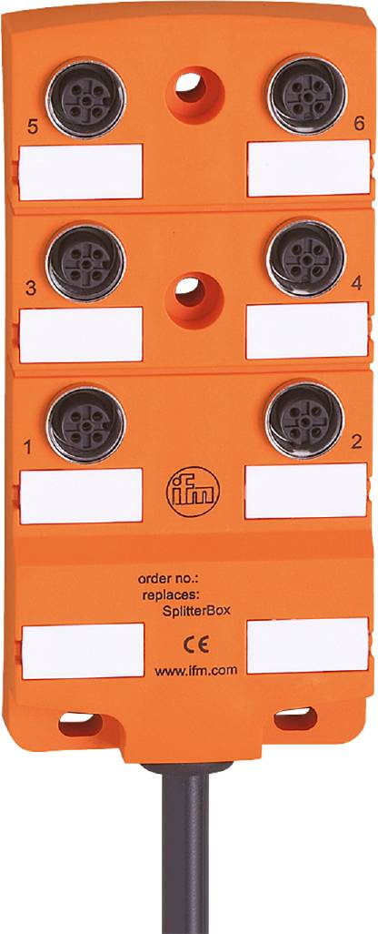 Ein orangefarbener Splitterbox mit der Aufschrift 'replace no.: SplitterBox' und dem Logo 'ifm'. Vier runde Anschlüsse, nummeriert 1 bis 4.
