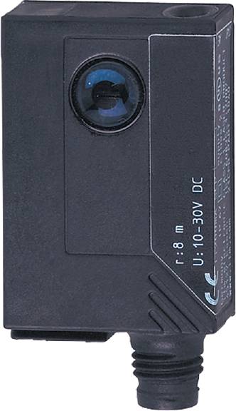 Ein schwarzer Sensor mit Linse und Beschriftung 'r: 8 m U: 10-30V DC', vermutlich ein Entfernungsmesser oder ein ähnliches Gerät.