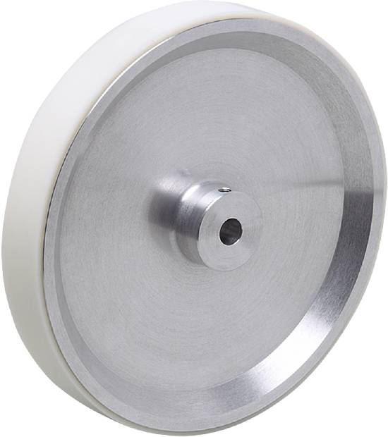 Ein einzeln abgebildetes Metallrad mit glatter, weißer Kante. Es ist zylindrisch geformt und wirkt robust und funktional.