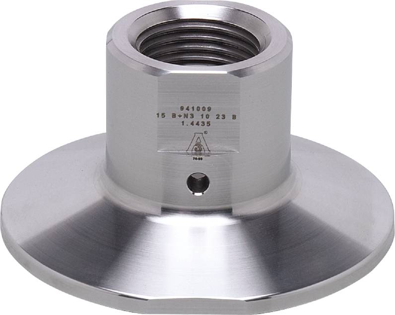 Metallisches Bauteil mit zylindrischem Gewindeaufsatz auf kreisförmiger Basis. Seriennummer und technische Informationen eingraviert.