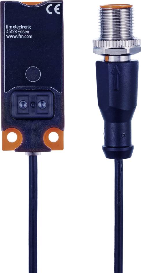 Sensor mit Kabelverbindung; Vorderansicht zeigt zwei Linsen, orangefarbene Befestigungslöcher unten; Kabel zeigt nach unten.