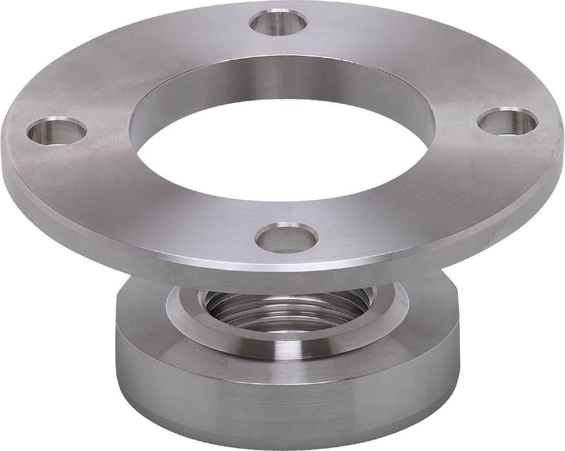 Ein metallischer Flansch mit vier Löchern, geeignet für Rohrverbindungen. Er hat eine runde, glänzende Oberfläche.
