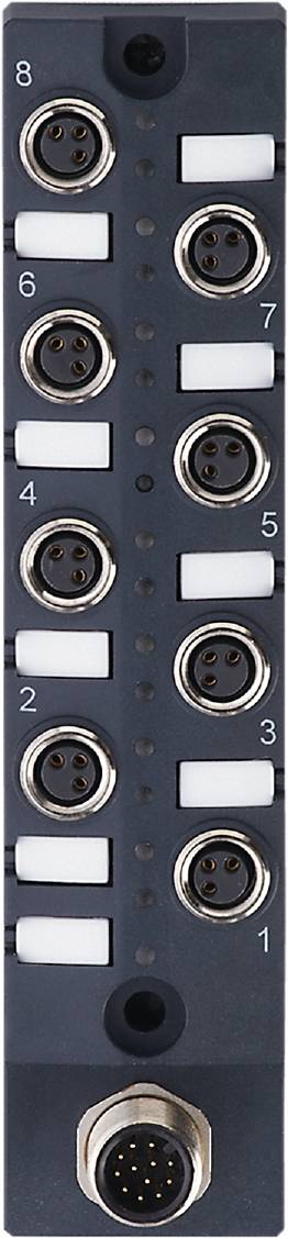 Nahaufnahme einer elektronischen Anschlussplatine mit numerierten Buchsen, beschriftet von 2 bis 5, die Rundsteckverbinder enthalten.