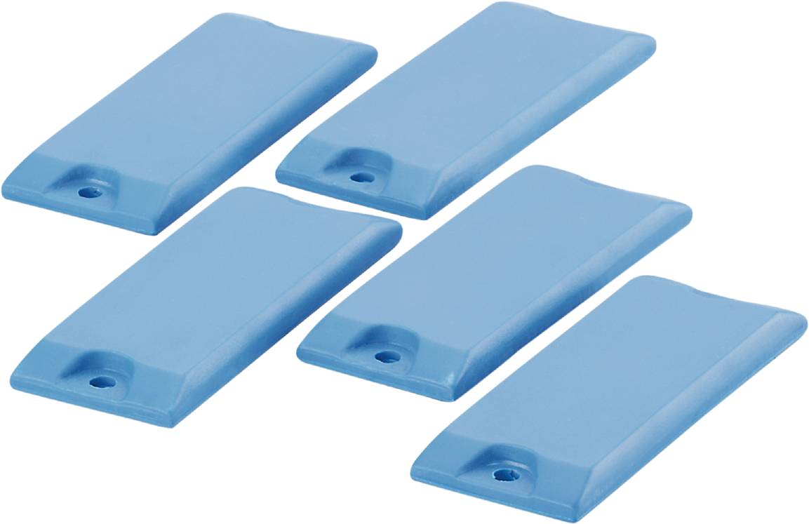 Blaue Schwimmhilfen aus Kunststoff, die auf einer weißen Fläche liegen. Sie sind rechteckig geformt und haben an den Ecken abgerundete Kanten.