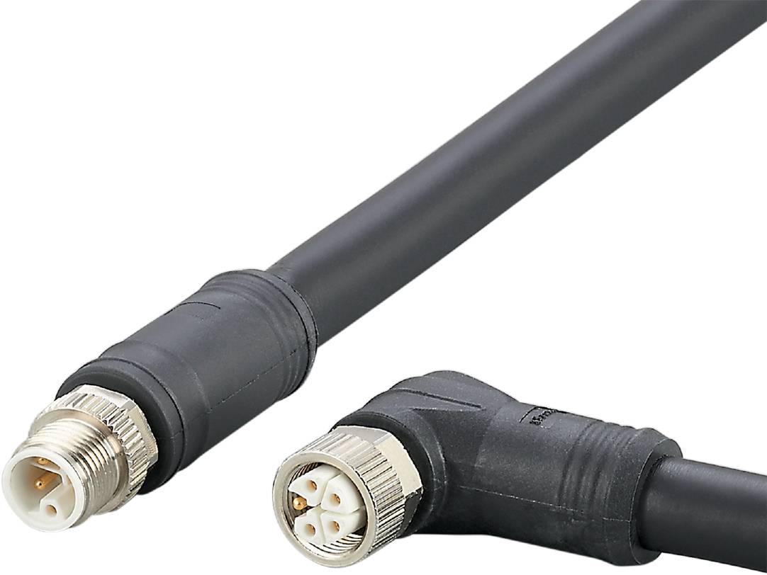 Schwarzes M8 Sensorkabel mit Stecker, mehrfach gekerbte Metallkupplung, geeignet für den Einsatz in unterschiedlichen Umgebungsszenarien.