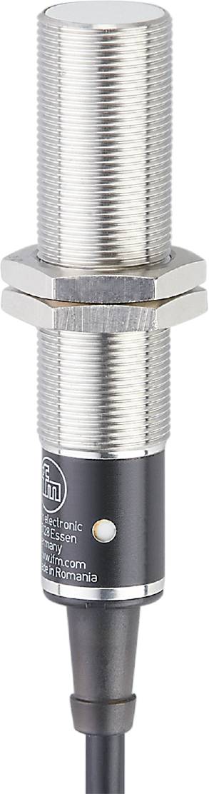 Ein zylindrischer Metallzylinder mit Gewinde, möglicherweise ein Sensor oder Schalter, gegen einen weißen Hintergrund.