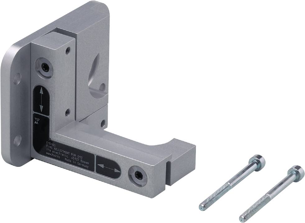 Metallischer Haltewinkel mit Pfeilsymbol, zeigt Richtung an. Zwei lange Schrauben liegen daneben.