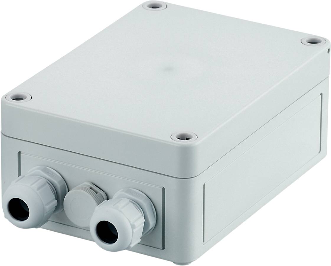 Graues, rechteckiges Gehäuse mit zwei Kabelverschraubungen an der Vorderseite. Geeignet für elektronische Verbindungen.