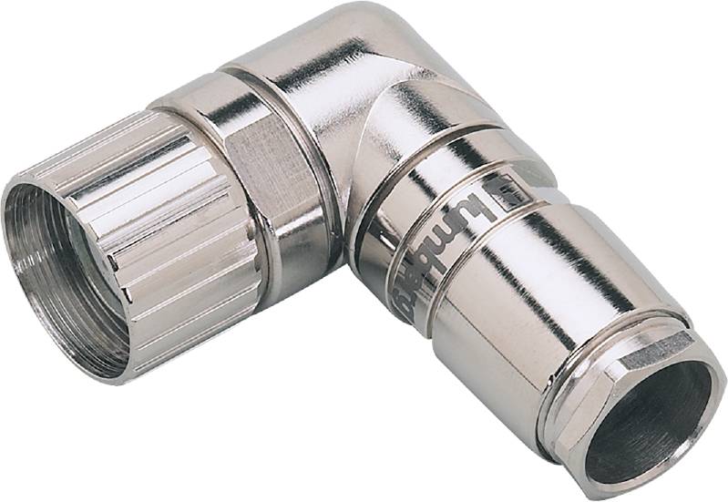 Metall-Rohrverbindung in L-Form für Sanitärinstallationen, silberfarben, mit gerändeltem Gewinde und glatter Oberfläche.