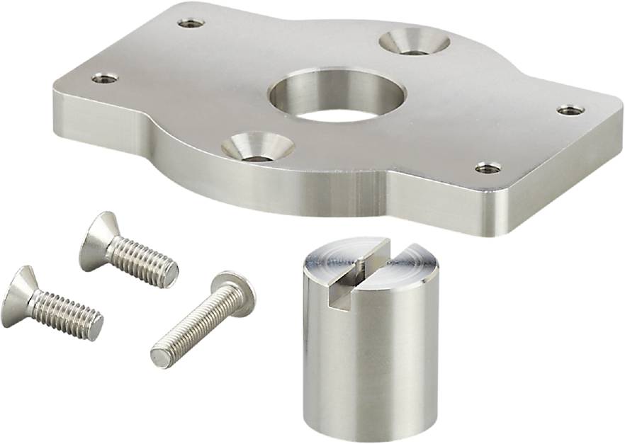 Metallteile verschiedener Formen und Größen, darunter eine Platte mit einem Loch in der Mitte und zwei Schrauben. Geeignet für mechanische Anwendungen.