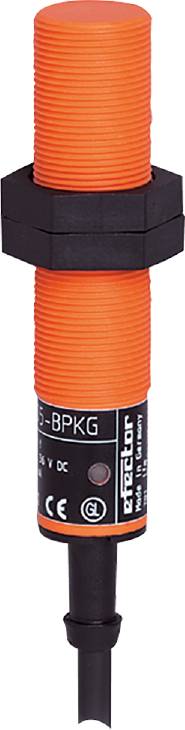 Ein orangefarbener zylinderförmiger Sensor mit schwarzem Etikett zeigt den Modellnamen und technische Details an.