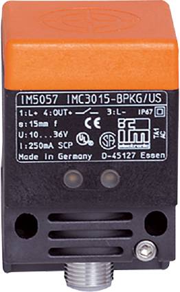 'Made in Germany' Sensor mit Modellnummern, Stromspezifikationen und Zertifizierungen wie UL, CSA.