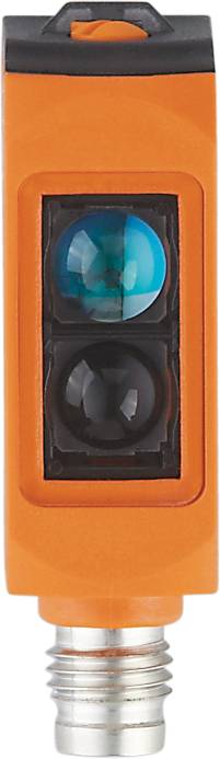 Ein orangefarbenes Gerät mit zwei Linsen, eine oben blau und die andere unten schwarz. Möglicherweise Teil eines Sensors oder einer Kamera.