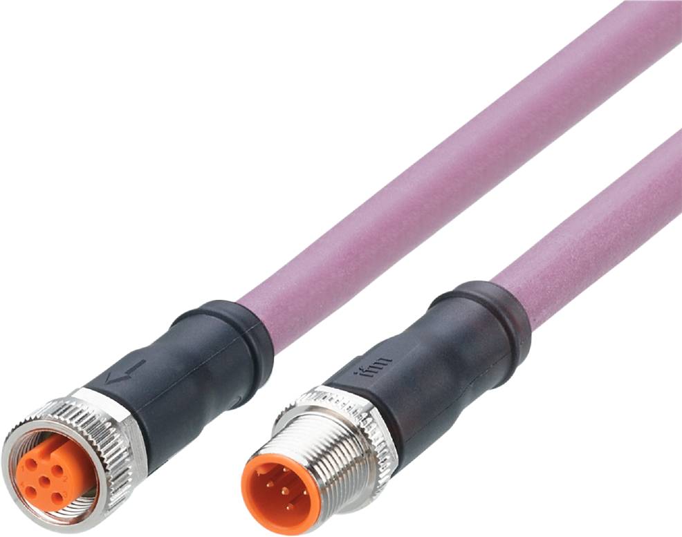 Zwei industrielle Steckverbinder, einer mit grauem Kabel und einem runden 5-poligen Stecker, zeigen Anschlüsse für Maschinen oder Elektronik.