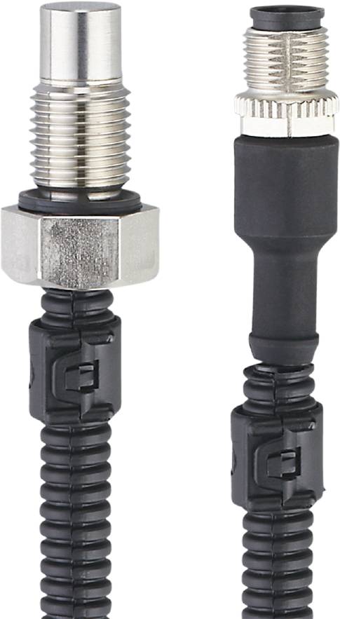 Zwei miteinander verbundene Steckverbindungen, eine mit einer Metallhülse und eine mit einer schwarzen Kunststoffummantelung.