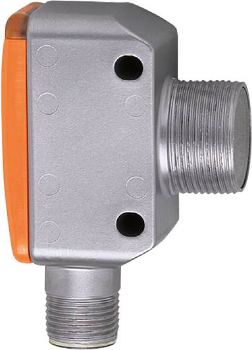 Sensor mit Gewindeanschluss und orangefarbenem Detail, seitliche Ansicht. Ideal für industrielle Anwendungen und Verbindung mit Rohrleitungen.