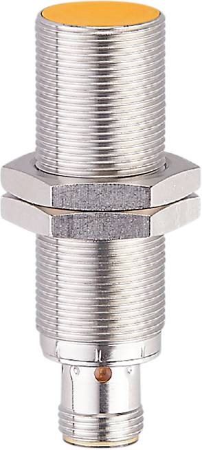 Ein zylindrischer Metallinduktionssensor mit Gewinde und Sechskantmutter.